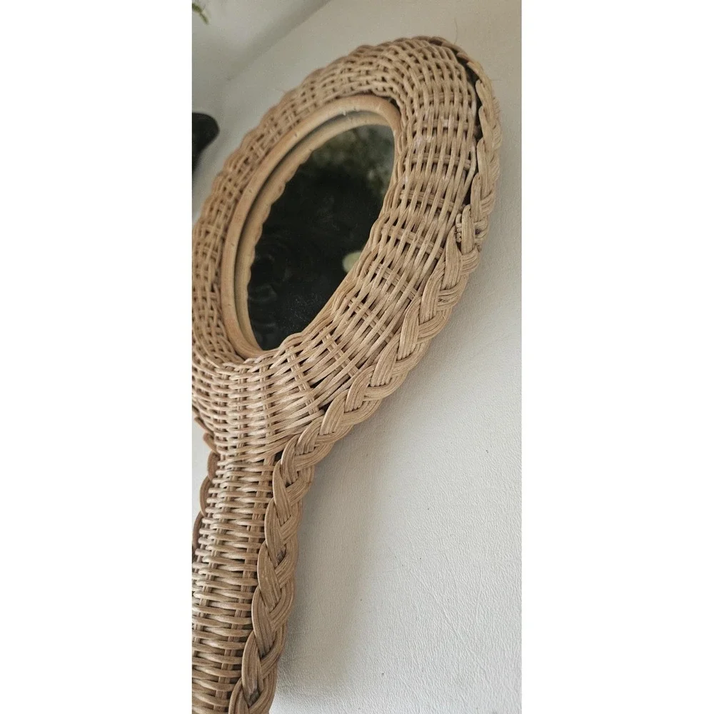 Wicker Rattan Hand Held Mirror Two Sided Vintage 1970's Woven/Braided
